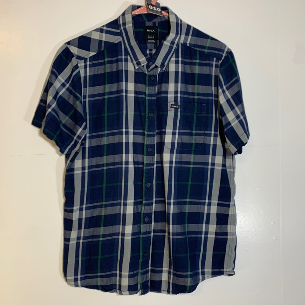 RVCA Regular Fit Short Sleeve Plaid Navy White Green Medium